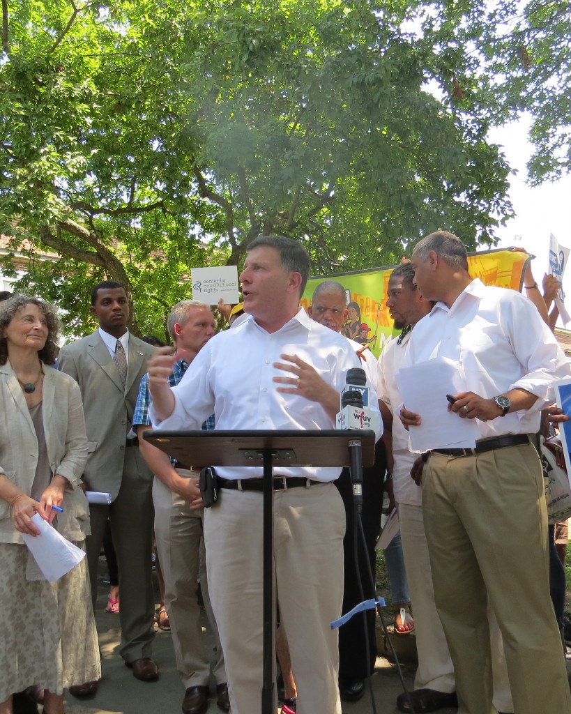 Councilman Mark Weprin, center, joins other Queens legislators and community activists outside Queens Borough Hall last week to voice their support for the Community Safety Act that was vetoed by Mayor Bloomberg this week. Anna Gustafson/The Forum Newsgroup