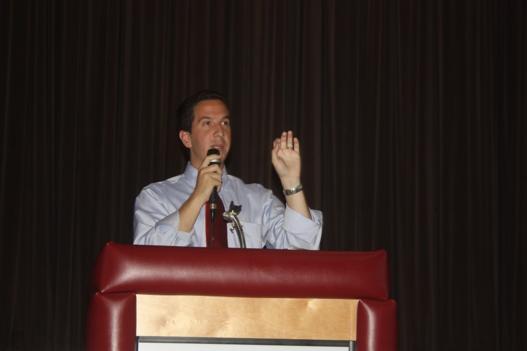 Assemblyman Phil Goldfeder (D-Rockaway) spoke to the more than 120 people who attended a Hurricane Sandy town hall meeting he helped to sponsor in Howard Beach on Sunday. Anna Gustafson/The Forum Newsgroup