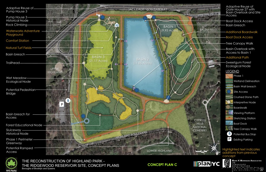 Plan C: Eight-acre lawn; Sports fields; Water-themed playground. Photos Courtesy of NYC Parks Department