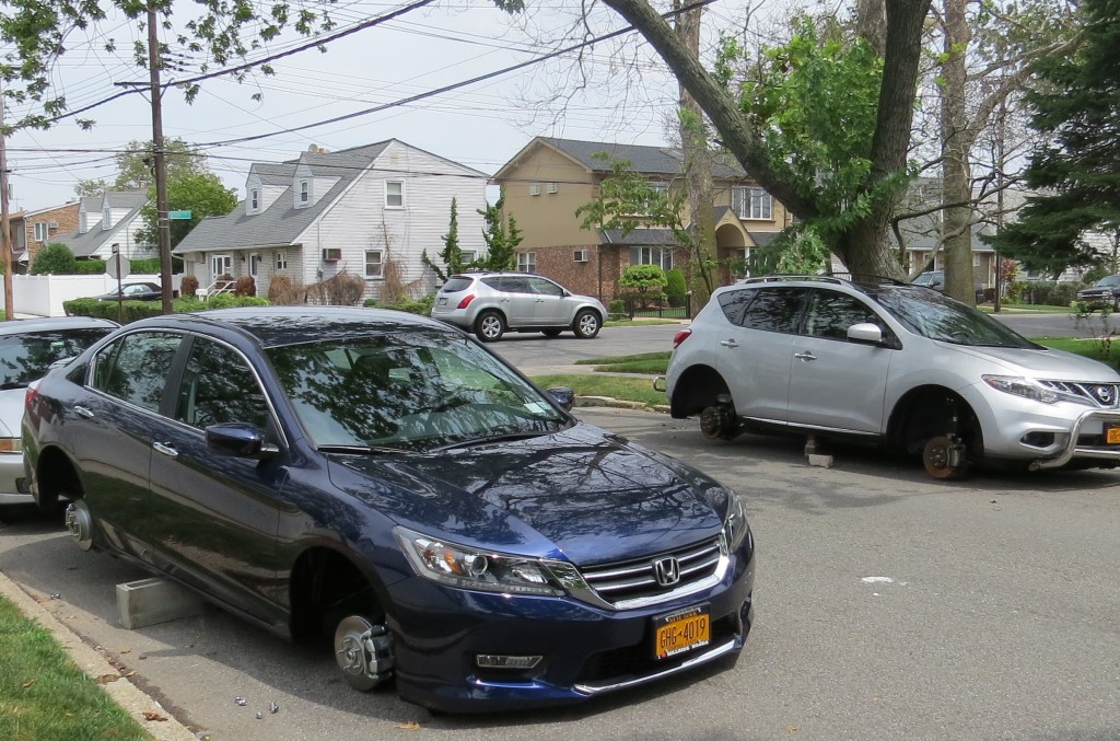 A 2013 Honda Accord which was only picked up at the dealership only hours before and a 2012 Nissan Murano parked directly across the street were targeted by thieves who made off with 8 rims and tires from both cars on 85th Street in Howard Beach.