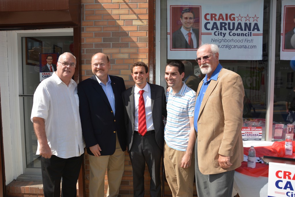 Conservative Party Chairman Tom Long, left, Republican mayoral candidate Joe Lhota, Craig Caruana, Councilman Eric Ulrich, and former Councilman Tom Ognibene gather for the opening of Caruana's campaign office in Glendale on Saturday. Photo Courtesy Craig Caruana's Campaign