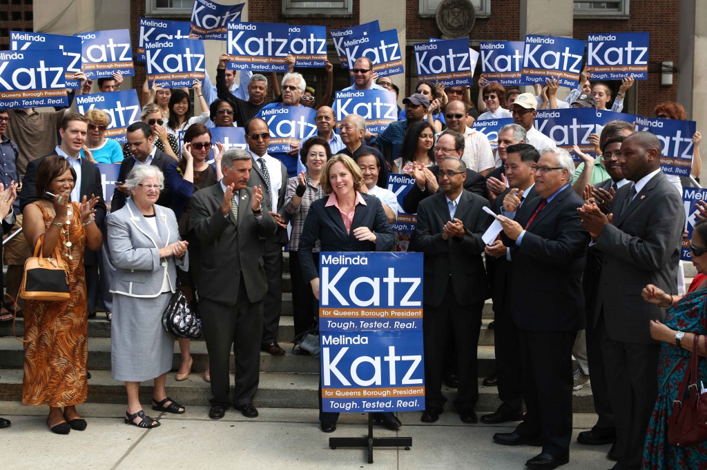 Borough president candidate Melinda Katz, center, surrounded by legislators and civic leaders supporting her campaign. Photo Courtesy Melinda Katz’s Campaign