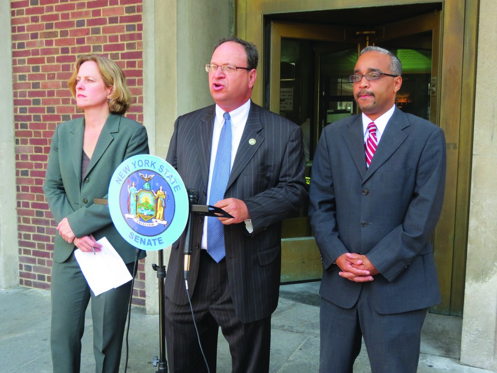 Former Councilwoman and candidate for borough president Melinda Katz, left, Deputy Borough President Barry Grodenchik, and state Sen. Jose Peralta said they are supporting legislation that would funnel more funds into Queens to promote tourism. Anna Gustafson/The Forum Newsgroup