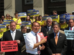 Councilman Peter Vallone Jr., center, and PBA President Pat Lynch, right, at a press conference announcing  the union's endorsement of the Astoria legislator in the race for Queens borough president. 