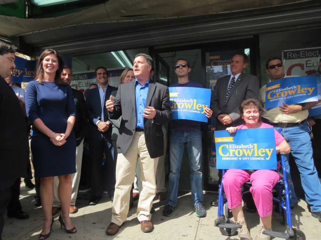 Councilwoman Elizabeth Crowley, center left, was joined by a number of Queens legislators, including Councilman Mark Weprin, center, civic leaders, and family, including her mother, sitting at right, to celebrate the kick-off of her re-election campaign last Sunday in Glendale. Anna Gustafson/The Forum Newsgroup 