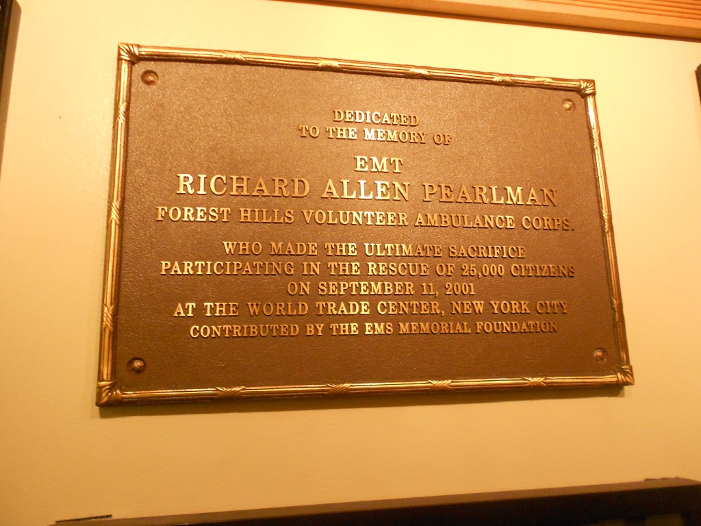 A plaque honoring Richard Allen Pearlman hangs in the Forest Hills Volunteer Ambulance Corps headquarters.