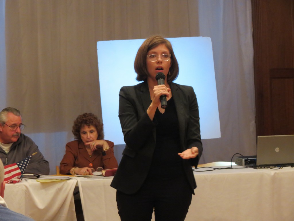 City Planner Emily Weidenhof speaks in support of the city's proposal to implement a pedestrian plaza in Ozone Park. Every board member voted in support of the plaza, except for one individual who abstained. Anna Gustafson/The Forum Newsgroup 