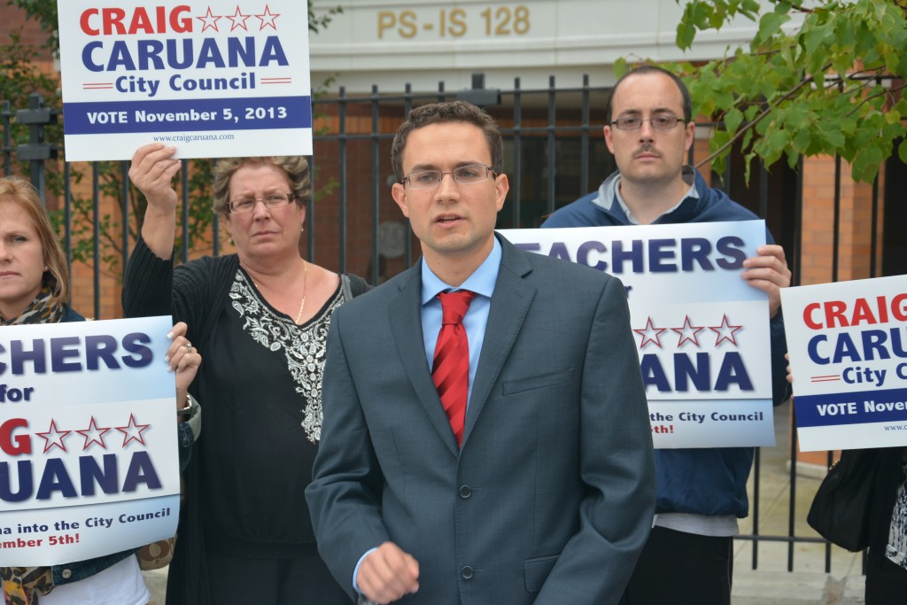 Craig Caruana, a Republican candidate running to represent Council District 30, and teachers protest against the city's implementation of the Common Core curriculum. Michael Florio/The Forum Newsgroup