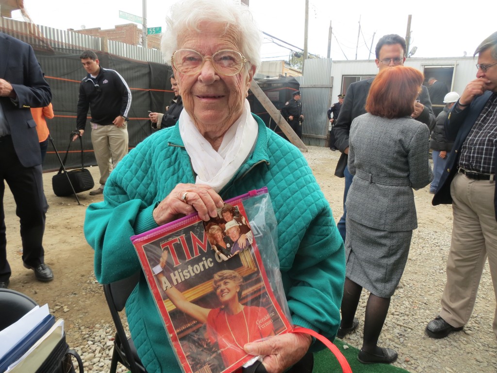 Longtime political leader Gertrude McDonald, 97, shows a picture of herself with Geraldine Ferraro, whom she knew for decades, and a copy of Time magazine announcing Ferraro's historic bid for vice president in 1984.