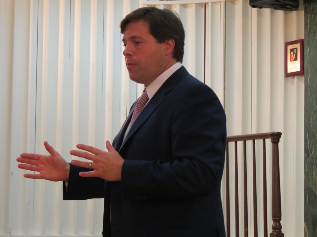 Mark Wallace, the former U.S. Ambassador to the United Nations and chief executive officer of United Against Nuclear Iran, speaks at a forum sponsored by U.S. Rep. Grace Meng at the Forest Hills Jewish Center Monday night.