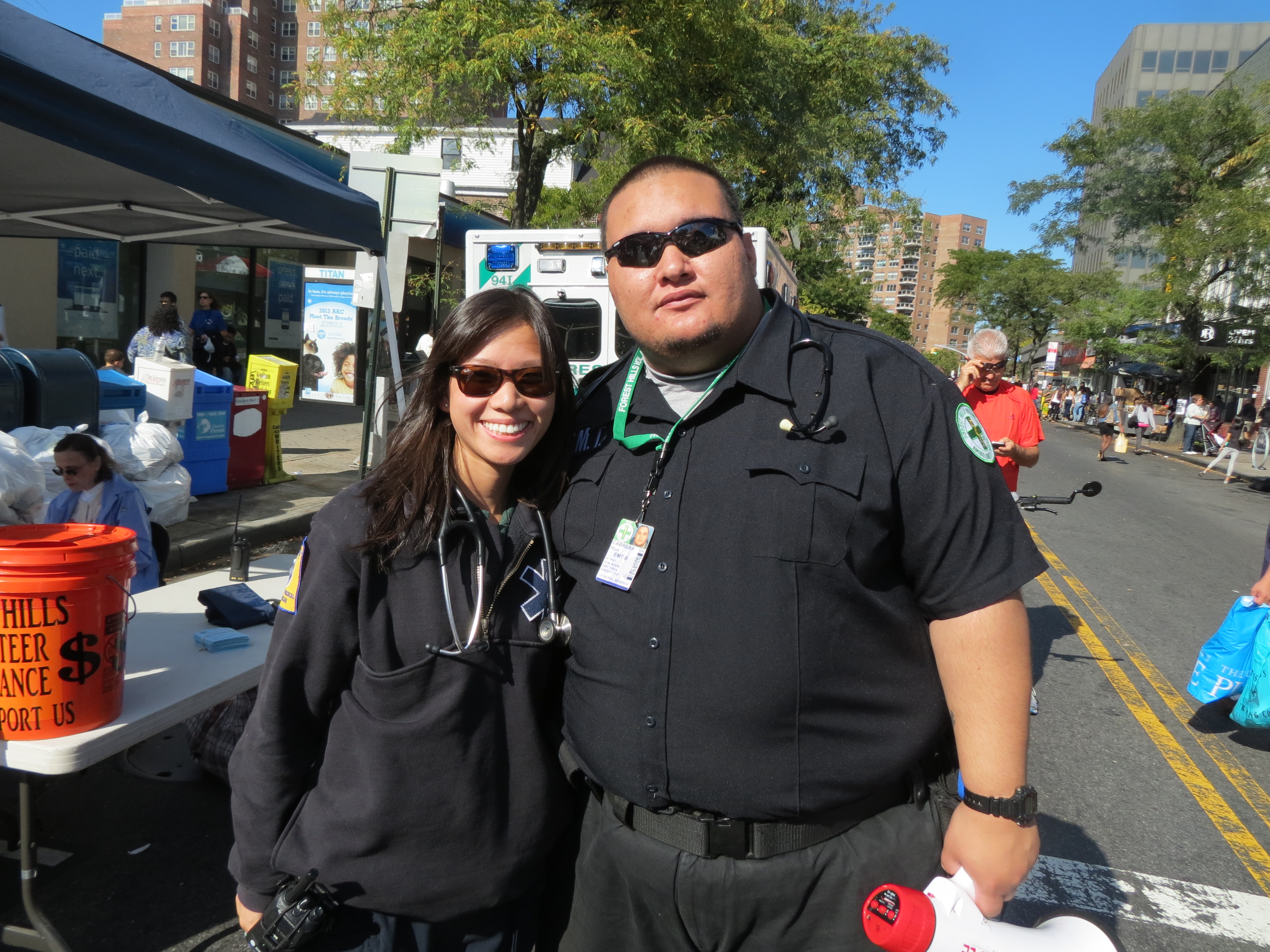 Forest Hills Volunteer Ambulance Corps volunteer EMTs Jun Xiao, left, and Felix Cabrera spoke to festival attendees about FHVAC, which has served Forest Hills since 1971 and Rego Park since 1997.