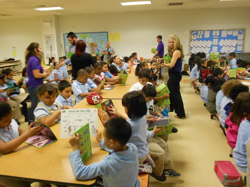 Woodhaven students received free books as part of the "We Give Books Read Mobile" tour on Tuesday.