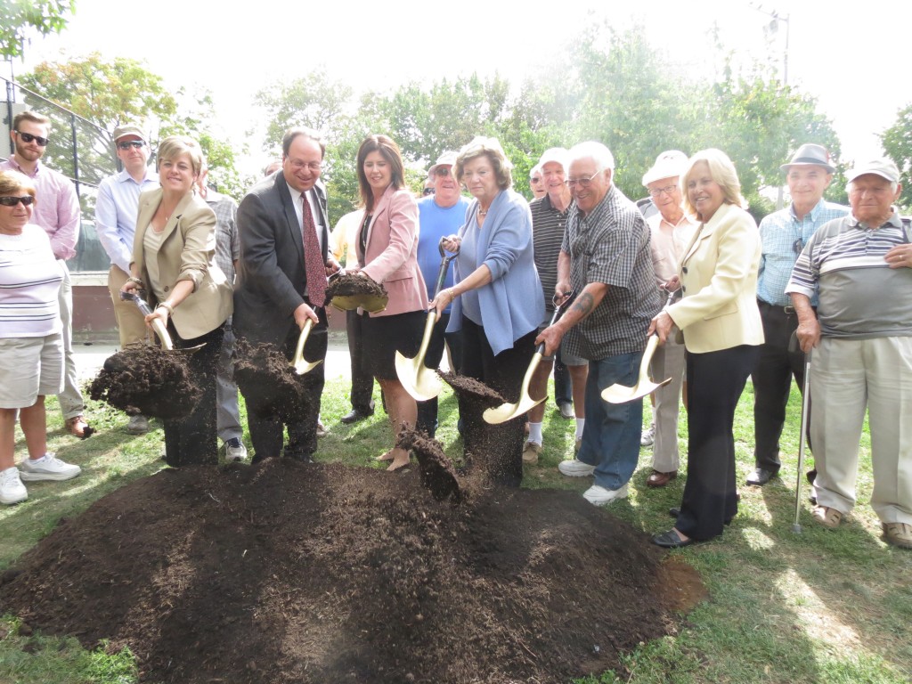 Deputy Borough President Barry Grodenchik, second from left, Councilwoman Elizabeth Crowley, Assemblywoman Margaret Markey, and Queens Parks Commissioner Dorothy Lewandowski, far right, gather for last week's groundbreaking of a new bocce court, as well as renovations to the current courts, at Juniper Valley Park.