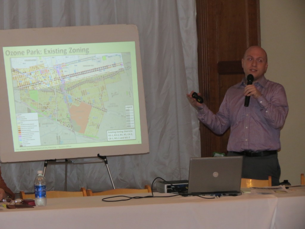 City Planner Tom Smith discusses the 530-block rezoning proposal for Ozone Park and surrounding areas at Community Board 9 this week. Anna Gustafson/The Forum Newsgroup 