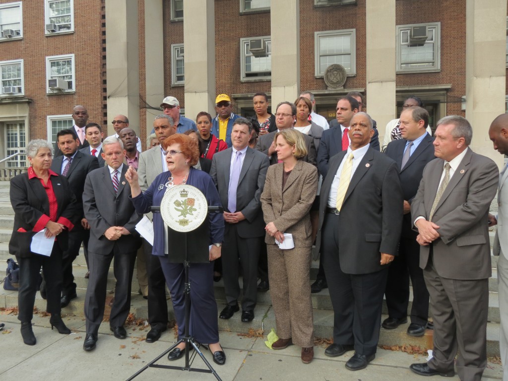 Legislators, civic leaders and education officials gathered outside Queens Borough Hall this week to call on the city to halt all plans to co-locate schools. Anna Gustafson/The Forum Newsgroup