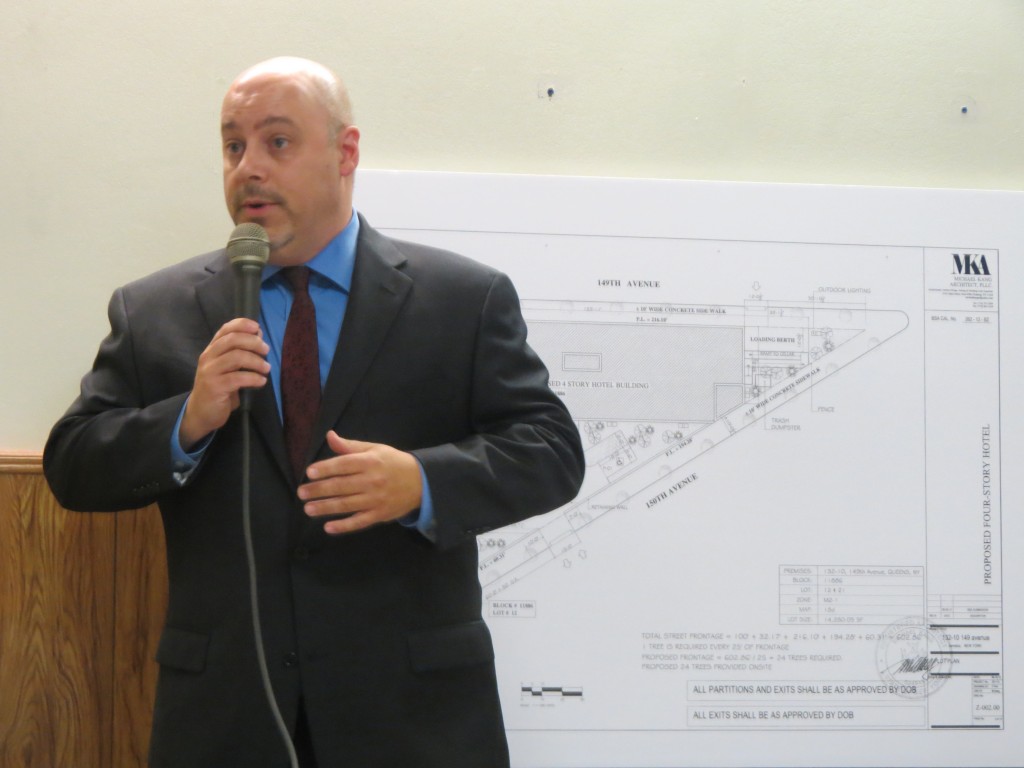 Patrick Jones, who represents the owner proposing to build a hotel at 132-10 149th Ave., spoke at last week's CB 10 meeting about a plan that has been criticized by board members. Anna Gustafson/The Forum Newsgroup 