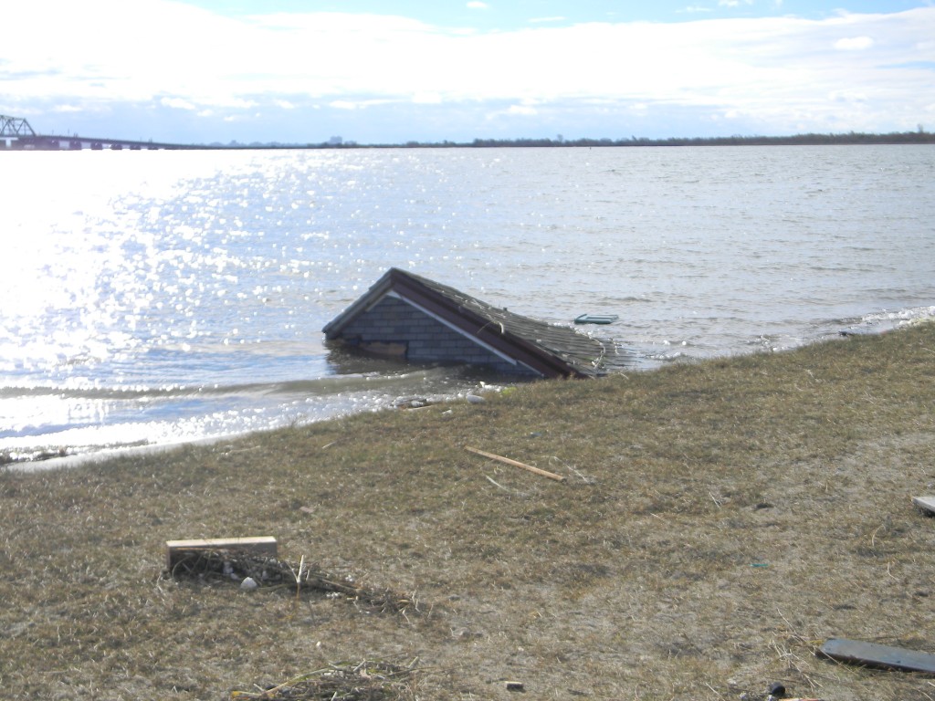 Anyone seen a shed? The point on the roof of a storage shed protrudes from the water off the beach in Charles Park. Many such structures were carried blocks away from their original locations.  Photo Courtesey Chuck Klima 