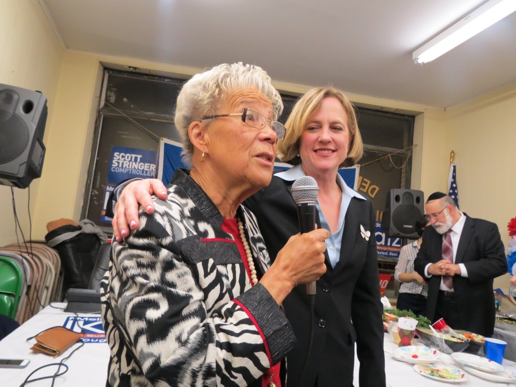 Queens Borough President Helen Marshall, left, and Borough President-elect Melinda Katz celebrate Katz's victory on election night.