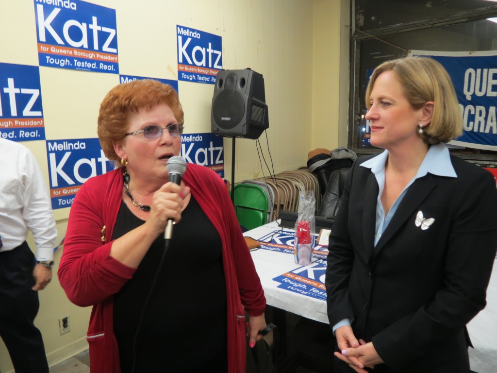 Councilwoman Karen Koslowitz, left, celebrated her victory with Queens Borough President-elect Melinda Katz in Forest Hills Tuesday night. Anna Gustafson/The Forum Newsgroup