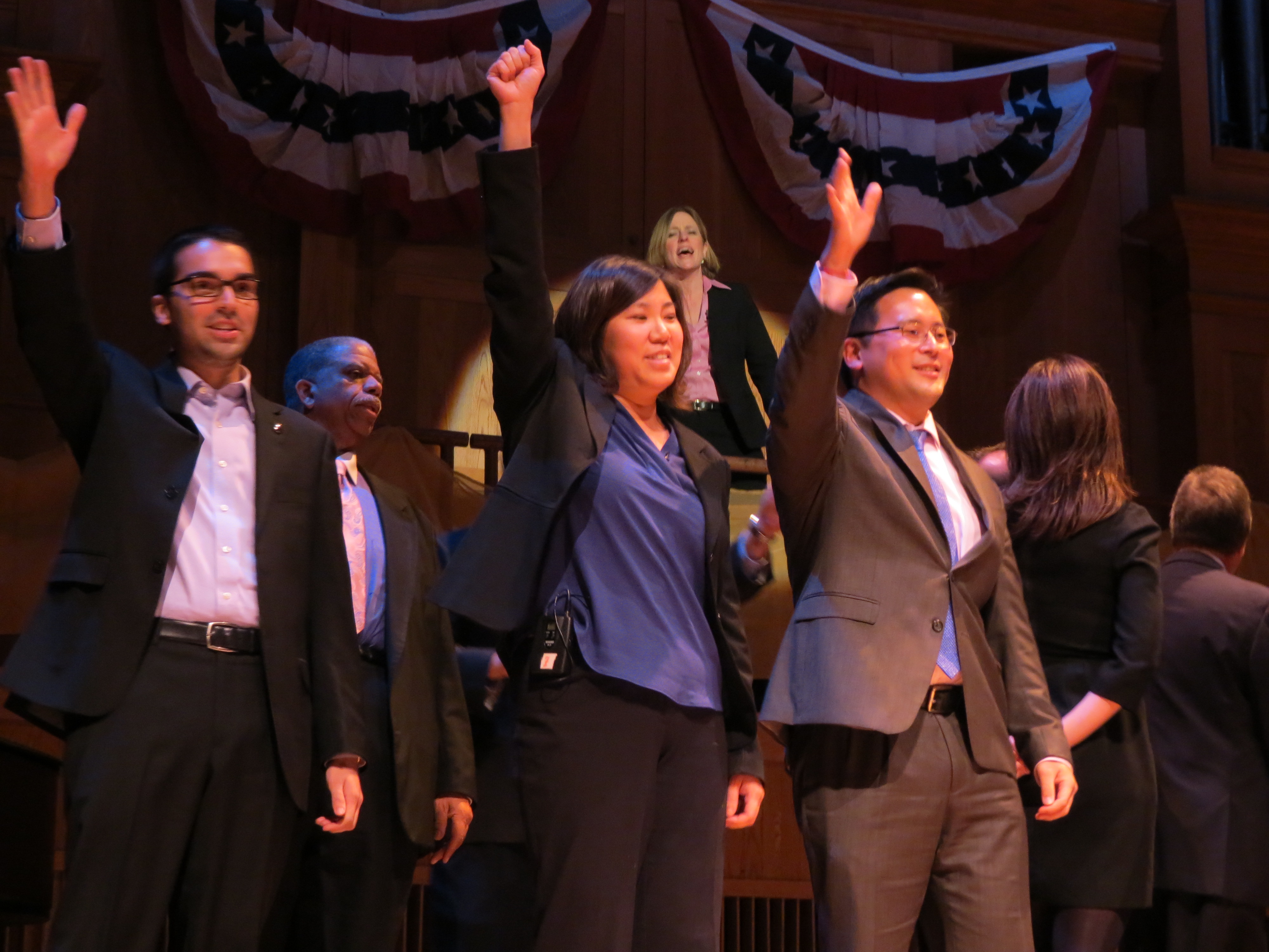 Councilman Eric Ulrich, left, U.S. Rep. Grace Meng and Assemblyman Ron Kim show off their song and dance skills in the "Brotherhood in Queens" act.