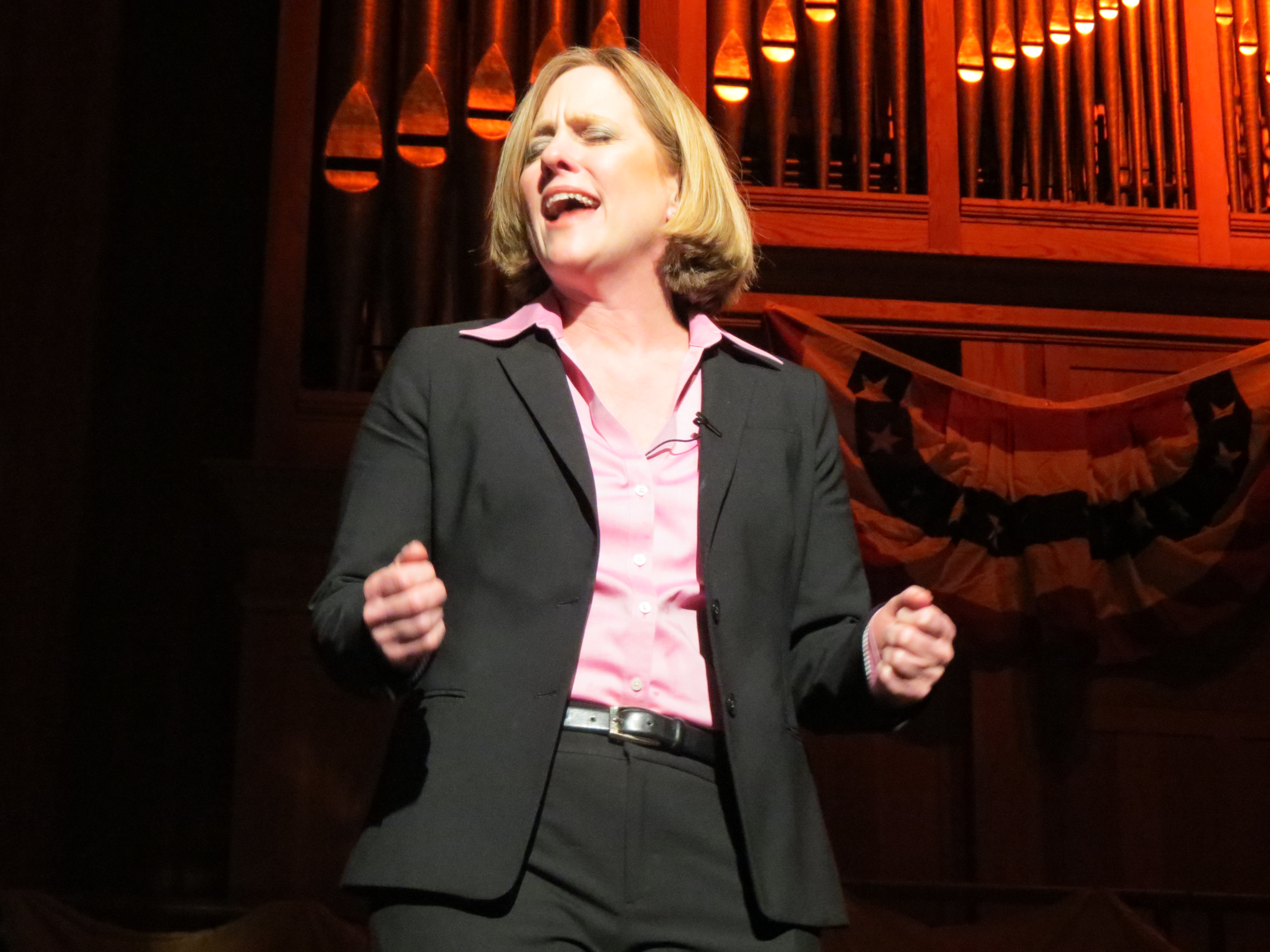 After soliciting advice on her new post from outgoing Borough President Helen Marshall and former Borough President Claire Shulman, Borough President-elect Melinda Katz belts out a version of "On My Own" from "Les Miserables."