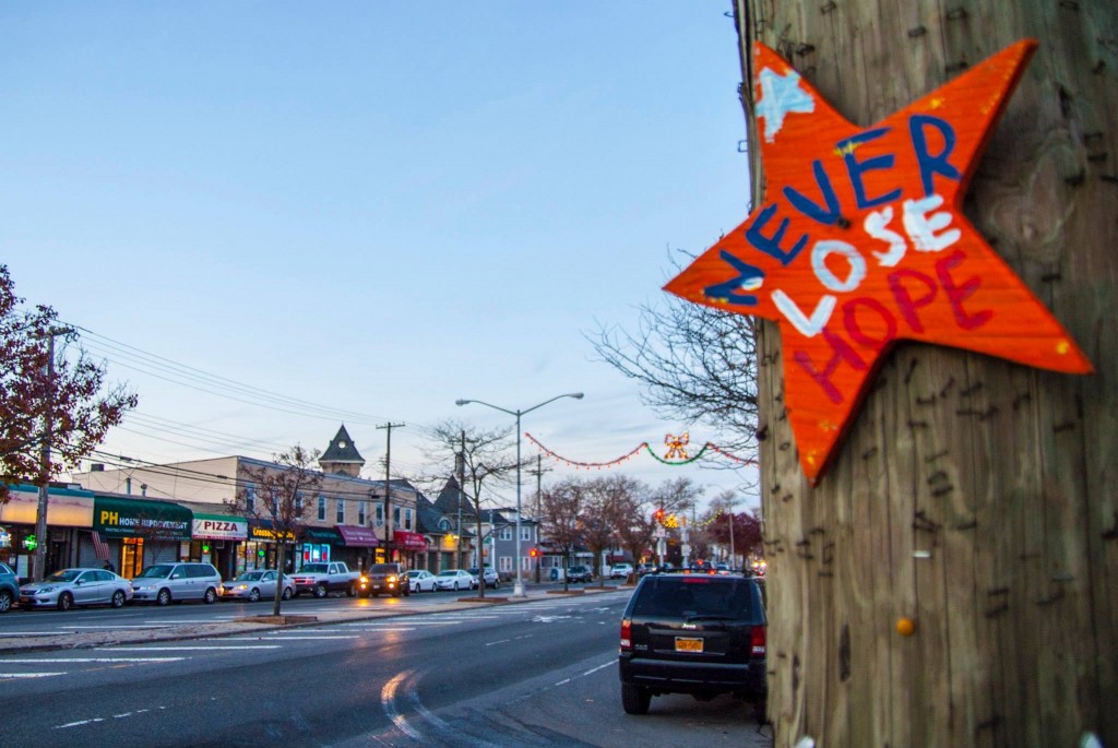 One of the Hurricane Sandy stars is emblazoned with a message that Broad Channel residents said is embodied in the Christmas lights now adorning Cross Bay Boulevard: Never lose hope.
