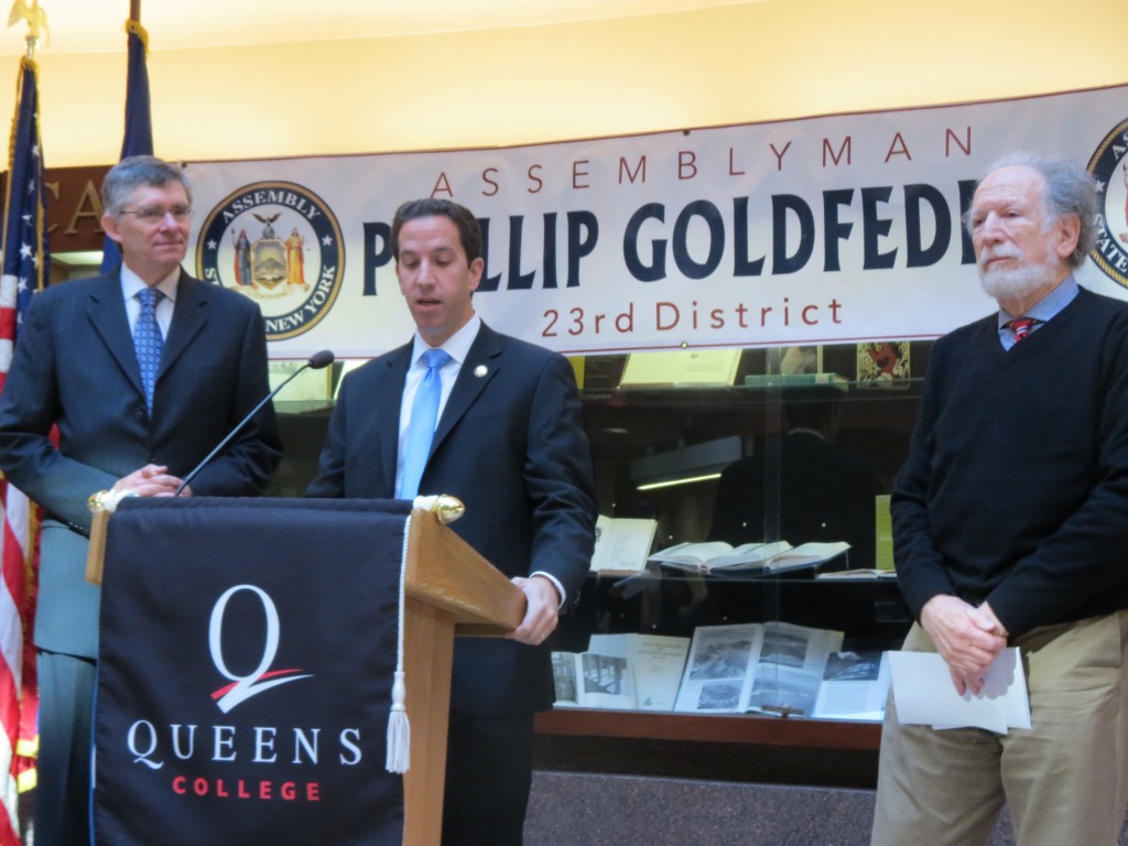 Queens College President James Muyskens, left, Assemblyman Phil Goldfeder, and Department of Urban Studies Chairman Leonard Rodberg announced Monday that the college will soon launch a study on proposals for the abandoned Rockaway Beach Rail Line. Anna Gustafson/The Forum Newsgroup 