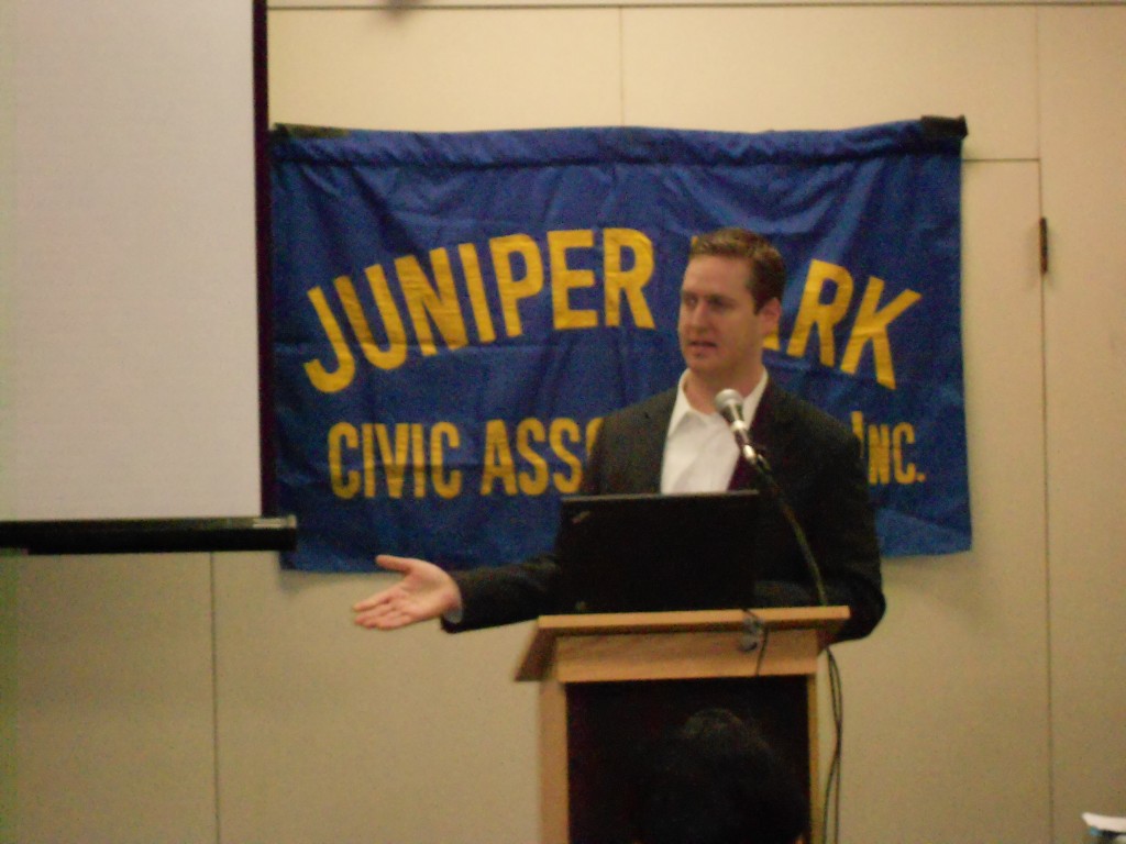 Assemblyman Andrew Hevesi slammed the proposal to build a homeless shelter in Glendale during the Juniper Park Civic Association meeting last week. Michael Florio/The Forum Newsgroup 