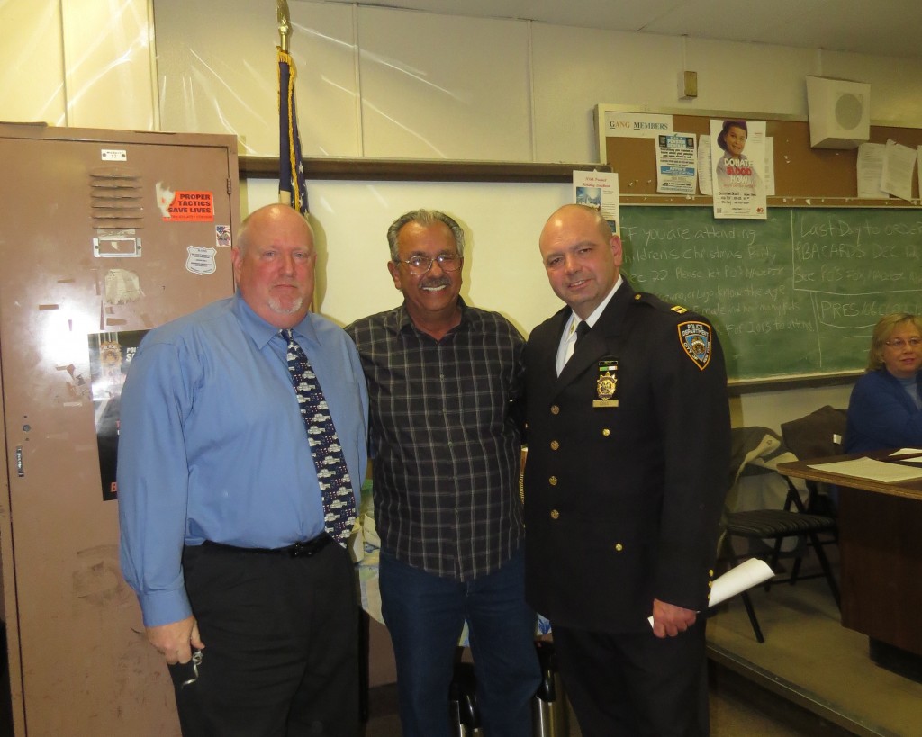 Newly appointed Detective Kenneth Zorn (left) with Precinct Council President Frank Dardani and Executive Officer Captain John Gancey. Patricia Adams/The Forum Newsgroup 