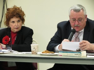 CB 9 District Manager Mary Ann Carey and Chairman Jim Coccovillo read statements of apology to one another at the board's Tuesday night meeting in Kew Gardens.