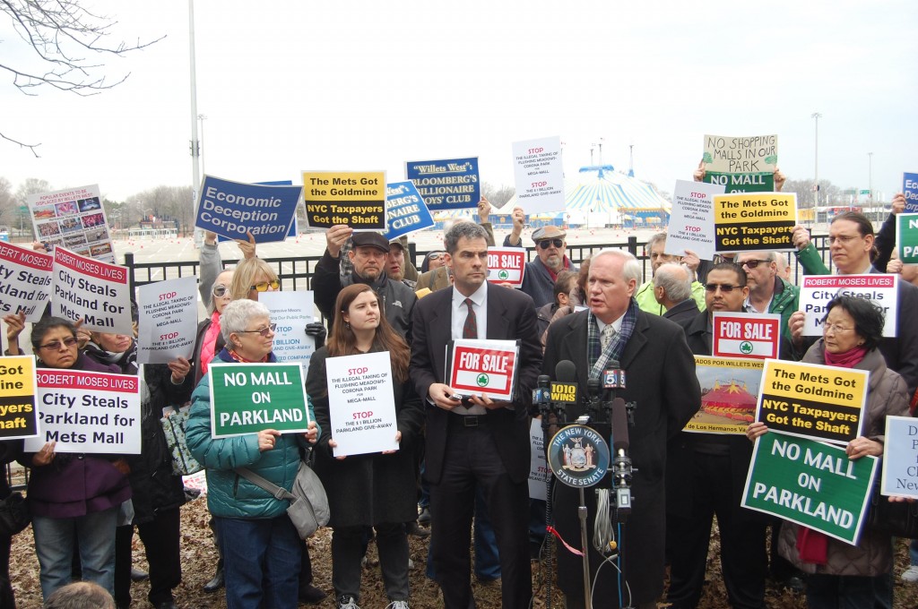State Sen. Tony Avella, center, joined civic leaders from around the borough Saturday afternoon to protest a plan for a mega-mall project at Flushing Meadows-Corona Park. Photo courtesy NYS Senate