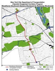 The city is studying how to alleviate traffic congestion on Woodhaven Boulevard from Queens Boulevard to Rockaway Boulevard. Image courtesy the city Department of Transportation