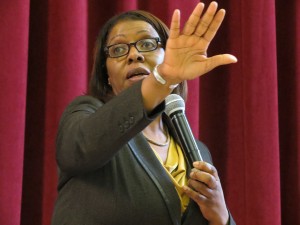  Public Advocate Letitia James, pictured here at Richmond Hill High School, is moving forward with her lawsuit against school co-locations, saying they often result in overcrowded classrooms, as well as a loss of space for special education and physical education. Photo by Anna Gustafson