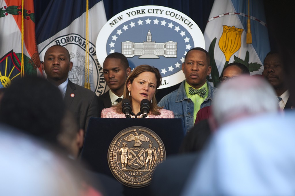 Council Speaker Melissa Mark-Viverito presents the Council's preliminary budget proposal at City Hall last week.  Photo by William Alatriste/NYC Council