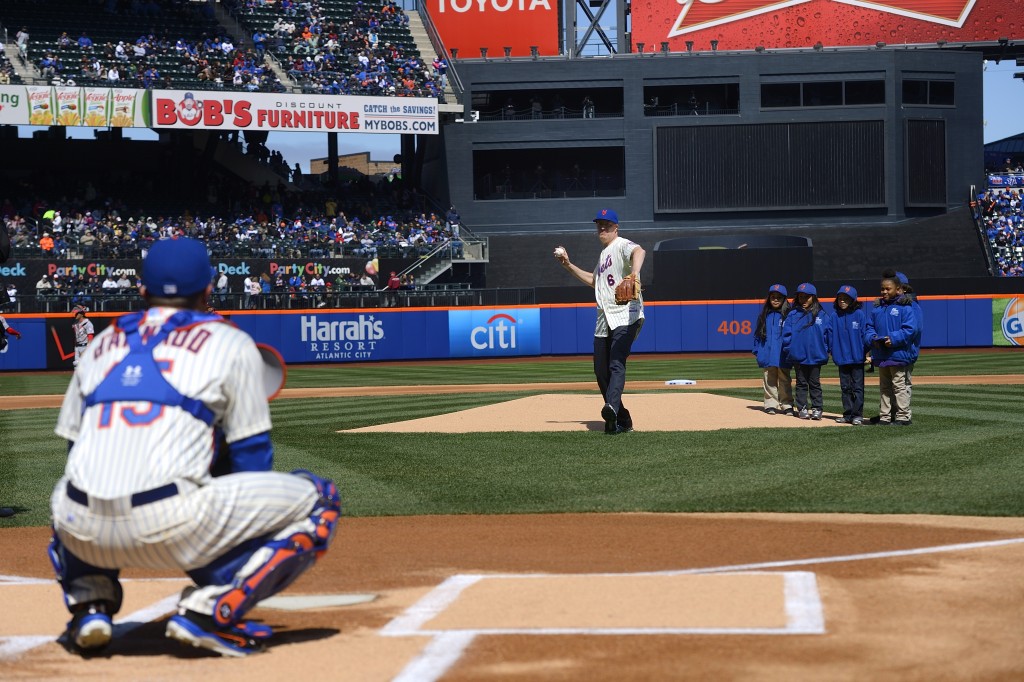 Mayor Bill de Blasio throws out the first pitch for the Mets on opening day at CitiField in Flushing on Monday. Photo courtesy Rob Bennett/NYC Mayor's Office