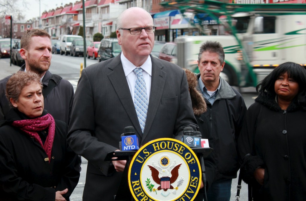 U.S. Rep. Joe Crowley, center, joined area leaders Monday to announce legislation that would bring federal resources to areas where there have been an increase in pedestrian fatalities or injuries. Photo courtesy U.S. Rep. Joe Crowley's Office