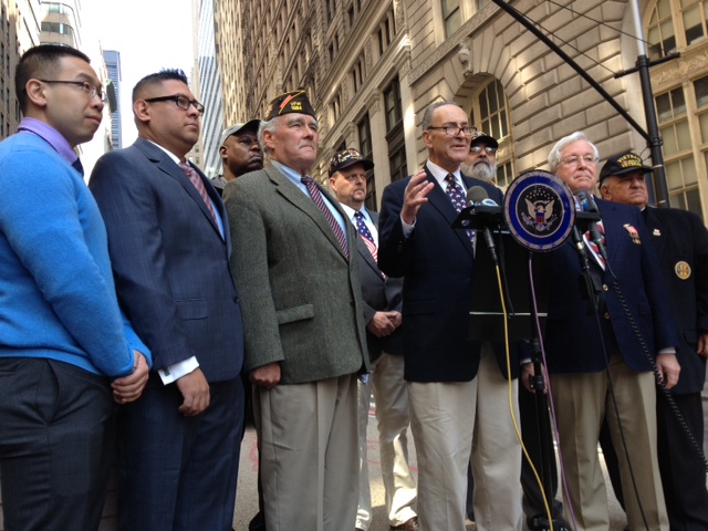 U.S. Sen. Chuck Schumer, at podium, joins veterans who served in Afghanistan and Iraq. Photo courtesy U.S. Sen. Chuck Schumer's Office