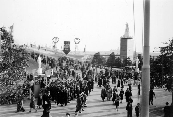 The Empire State Bridge led visitors past international flags as they entered the fair. More than 44 million people would visit this fair during the two years it was held. Photo courtesy NYC Parks