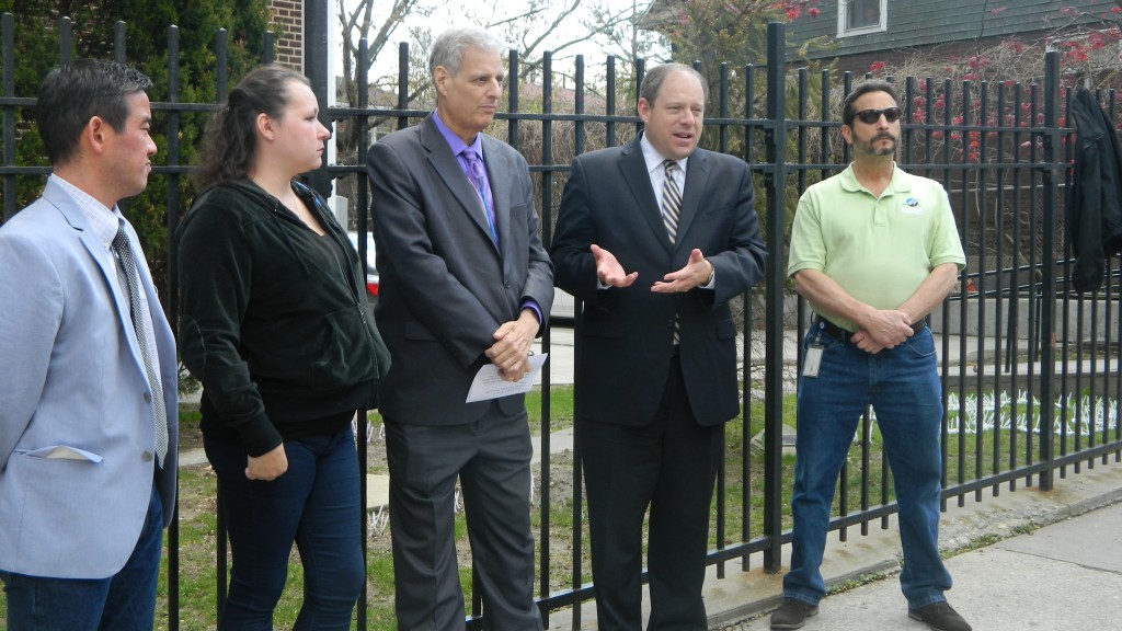 Nick Tomizawa, left to right, of the Briarwood Latchkey Generation;  PS 117 parent Nicole Lopez; Executive Director of the Queens Chamber of Commerce Jack Friedman; Councilman Rory Lancman; and Robert Nemeroff, director of marketing and public affairs for the Melrose Credit Union, attend a press conference last week to announce funds have been raised that will allow the Briarwood school to hold its previously endangered graduation.  Photo courtesy Queens Chamber of commerce