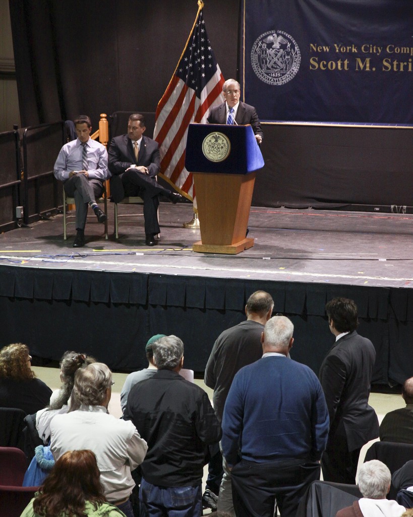 City Comptroller Scott Stringer, at podium, hosts a hearing on the city's response following Hurricane Sandy.  Photo courtesy City Comptroller's Office