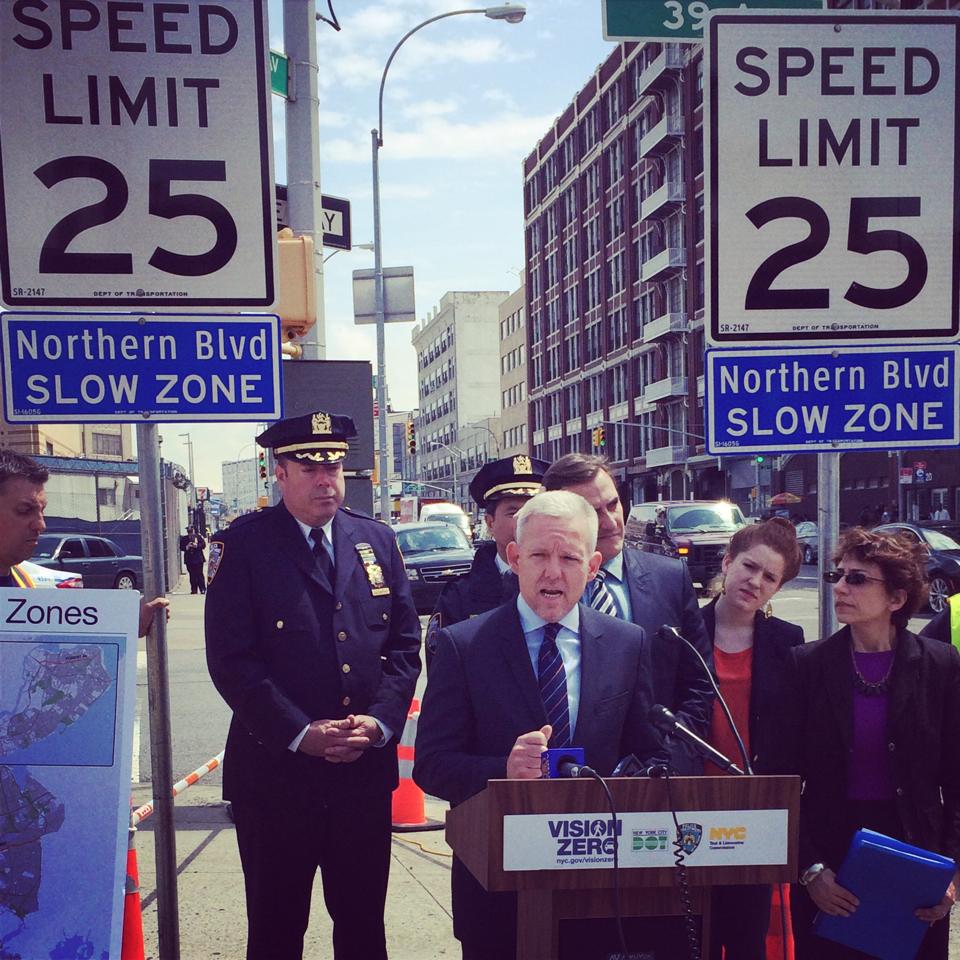Councilman Jimmy Van Bramer, center, joins city Department of Transportation Commissioner Polly Trottenberg, far right, and other elected officials to announce a series of new traffic changes coming to Queens streets as part of a citywide effort to dramatically reduce pedestrian fatalities.  Photo courtesy Councilman Jimmy Van Bramer/Facebook