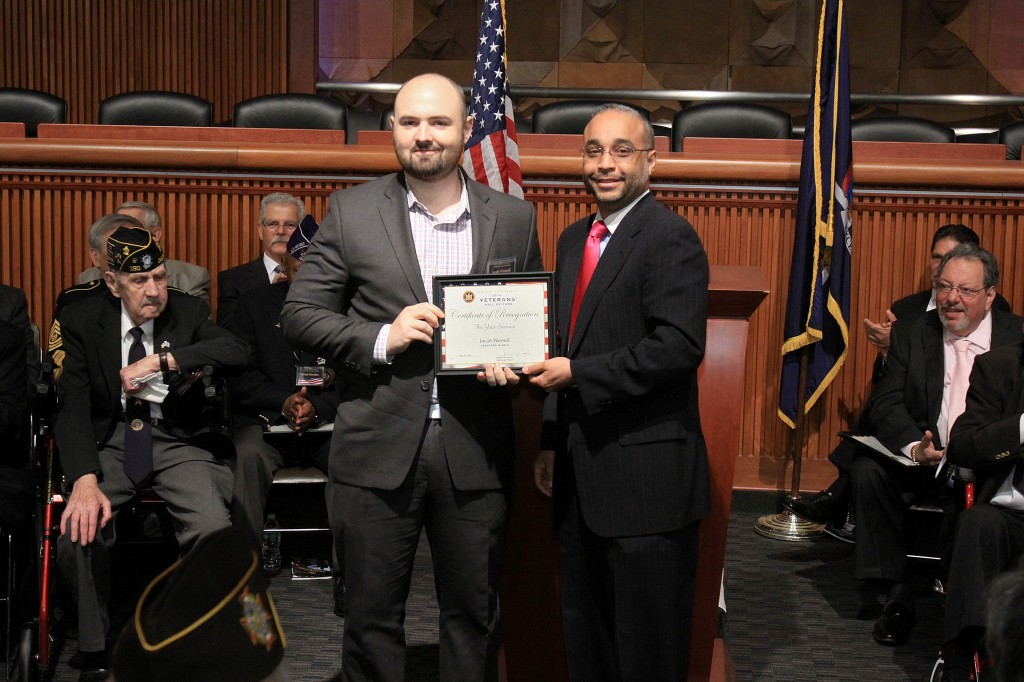 Jacob Worrell, left, and state Sen. Jose Peralta at the Veterans Hall of Fame ceremony in Albany.  Photo courtesy NYS Senate
