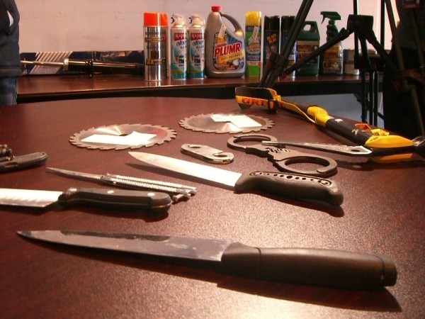 A sampling of some of the sharp objects that the TSA said may only be packed in checked baggage.  Photo by Michael V. Cusenza