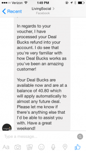 Living Social's customer service is unparalleled.  Here is an actual exchange from a Facebook message with the deal site. Living Social prefers to handle customer service inquiries via social media.  Forum Photo by Eugénie Bisulco