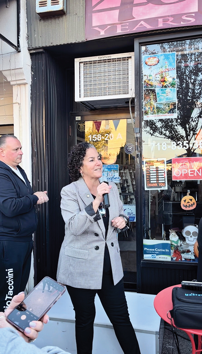 Photo Courtesy of Assemblywoman Pheffer Amato Assemblywoman Stacey Pheffer Amato (D-Howard Beach) delivers remarks at the Cross Bay bash.