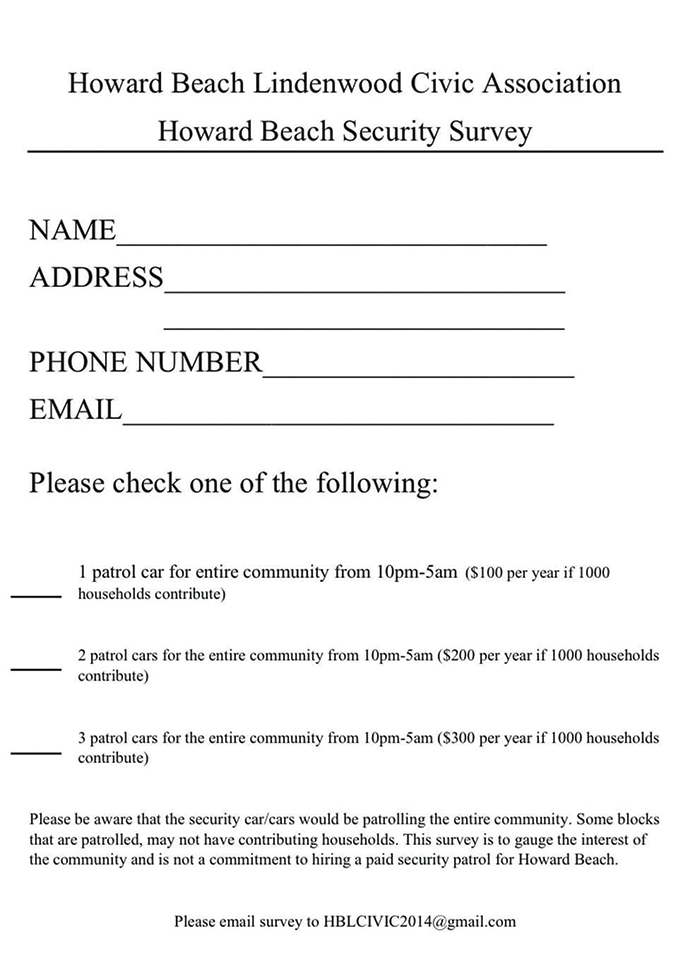Courtesy of HBL Civic Interested residents can find the Howard Beach Lindenwood Civic Association’s security survey on its Facebook page.