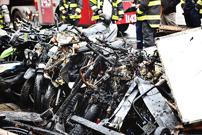 Photo Courtesy of FDNY City fire marshals said the fire was caused by a lithium-ion battery that had been recently repaired. The fire then extended to numerous other e-bikes and lithium-ion batteries in the store.